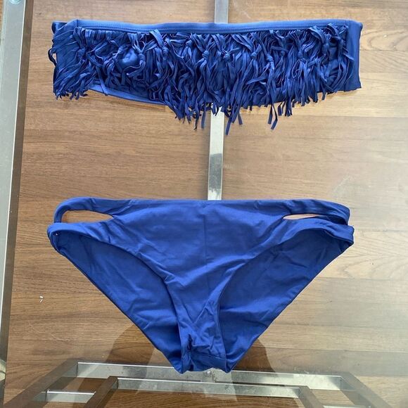 Navy blue Bando top low rise bottoms slit on the sides, fringe macramé accent ￼ - Picture 1 of 5